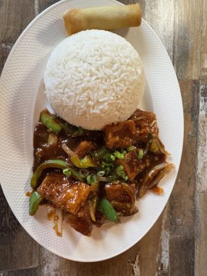 Chili Tofu, Steamed Rice and Spring Roll - All Vegan - Lunch Special   at Nepali Momo House and Hakka Cuisine McLaughlin Road in Brampton