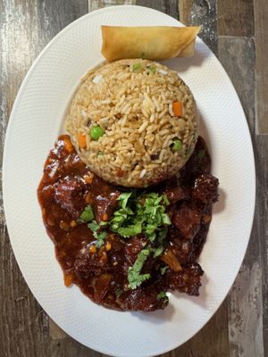 Vegetable Manchurian Pakora, Fried Rice and Spring Roll - All Vegan - Lunch Special  at Nepali Momo House and Hakka Cuisine McLaughlin Road in Brampton