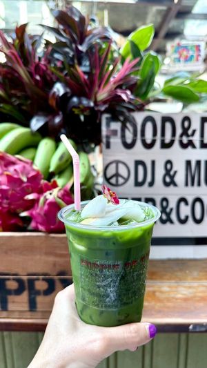 Green Tea with fresh coconut juice at Hippie Vegan in Bangkok