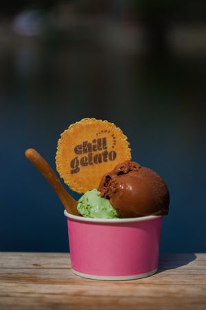 Options to sit outside by the lake  at Chill Gelato in London