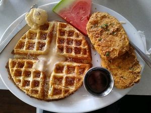 vegan chicken and waffles  at Soul Groove in San Francisco