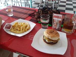 Vegan falafel burger and large fries at Ernie's Burgers in Sihanoukville