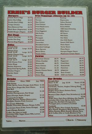 menu at Ernie's Burgers in Sihanoukville
