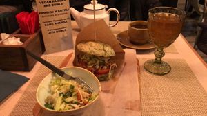 Seitan burger with salad and mors (sugar free berry drink) at Jiva Burgers in St Petersburg