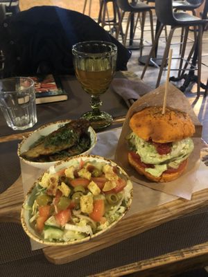 Burger combo with potatoes and salad (recommend!) at Jiva Burgers in St Petersburg