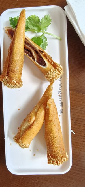 Sesame roll with red bean paste dessert at Tofu Vegan in Brighton