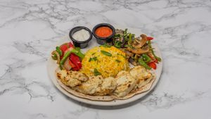 Charcoal grilled with sauté veg and
arabic rice at Damastique in York