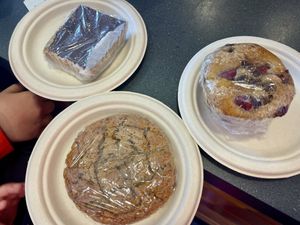 Chocolate-Peanut Butter Bar, Raspberry-Chocolate Chip Muffin and a cookie.   at Watson Cafe in Alta