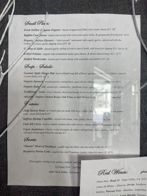 Menu with a few vegan and vegetarian options  at Watson Cafe in Alta