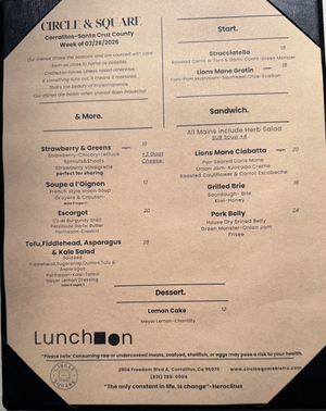 Lunch Menu  at Circle & Square Bistro, Corralitos, CA in Watsonville