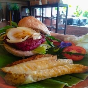 beetroot burger  at Art in Chai in Pai