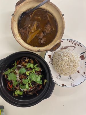 1. Claypot Chicken Rice (RM13.90) - this is vegan chicken lah 
2. Taiwan Stew Ginger Duck Small RM20 - this is vegan duck
3. Brown rice, big RM3
 at VEGO CANTEEN in Kuala Lumpur