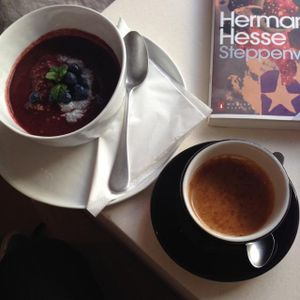 chia acai bowl and double espresso. at Daluma in Berlin