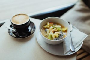 Breakfast: Chia with Caju-Acerola and Fruits Topping
with an Almond Milk Cappuccino at Daluma in Berlin
