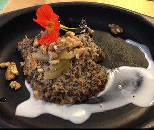 Organic quinoa porridge with maple poached baby beets + green apple and walnut compote at Saluna in Newcastle