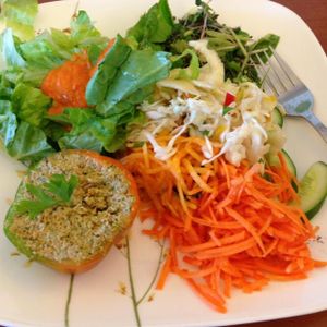 Nut pate and salads at Mitzpe Alummot in Kibbutz Alummot