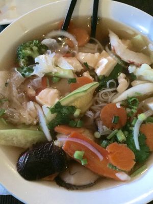 Great Peaceful soup..okra, book toy, mushrooms, but also fake ham and shrimp but thankfully not too much of this. Nice soup base and very filling. at Andy Nguyen's in Sacramento