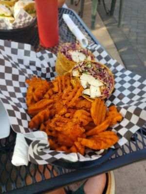 Thai tofu wrap, sweet potato fries, and a bloody mary at Louie's in Ashland