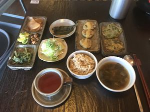 Pickled sides, perilla leaf, pancakes, seaweed soup with a generous portion of rice and a hot tea at Maji - 마지 in Seoul