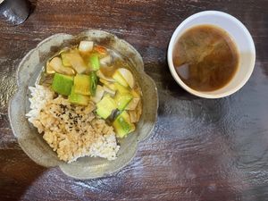 Bowl of rice with mushroom toppings  at Maji - 마지 in Seoul