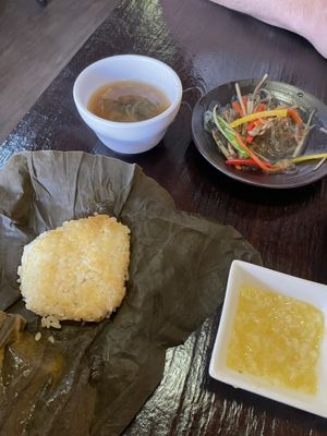 Soup, stir-fried burdock with glass noodles, lotus steamed rice, and porridge at Maji - 마지 in Seoul