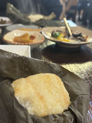 Rice in Lotus Leaf, in the back sweet and spicy shiitake mushroom  at Maji - 마지 in Seoul