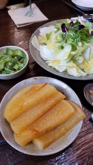 Salad and side dishes. These radishes were delicious. at Maji - 마지 in Seoul