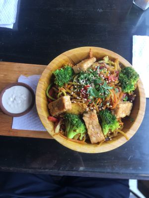 Carrot/sweet potato/zucchini noddles with tempeh  at Samsara in Antigua