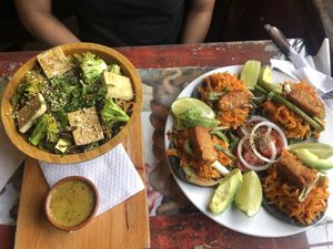 Tempeh tacos and stir fry with tofu 😋 at Samsara in Antigua