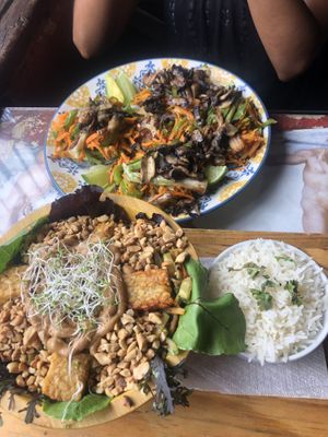 Mushroom tacos and tempeh with peanuts 😋  at Samsara in Antigua