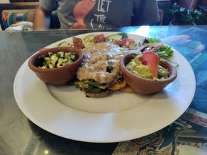 Fried veg with sweet potato topped with nut cream at Samsara in Antigua