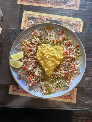 Chilaquiles con tofu egg  the chips and salsa where great.  The tofu was bland.    at Samsara in Antigua
