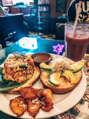 Bagel with smoothie & plantains  at Samsara in Antigua