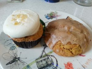 Cornbread cupcake with vanilla frosting and interior coconut whipped cream (August flavour of the month), and pumpkin scone with maple frosting. YUM. at Bunner's Bake Shop - Kensington in Toronto