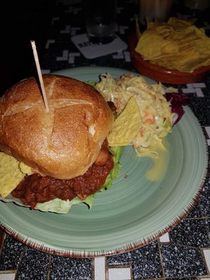 Special burger with added chili sin carne  at The Vegan Eagle in Hamburg