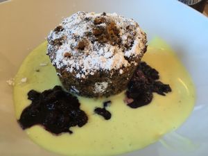 Kartofel (potato) pudding with vanilla sauce and blueberry compot, yes yes yes   at The Vegan Eagle in Hamburg