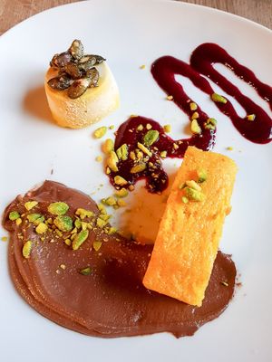 Mango cocos parfait with caramelized pumpkin seeds, Belgium lemon cake with chocolate ? ganache, blackberry purée and pistachios at The Vegan Eagle in Hamburg