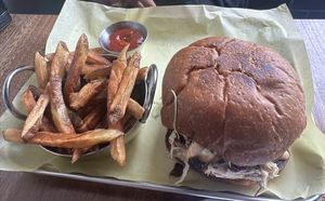 Pulled pork came with fries  at Fungi Foods in Oakland