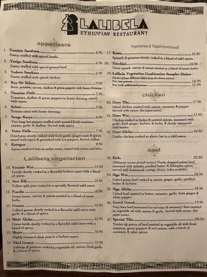 Menu (front) at Lalibela in New Haven