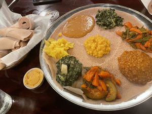 Veg combo with everything except misir alicha, and a side of hummus at Lalibela in New Haven