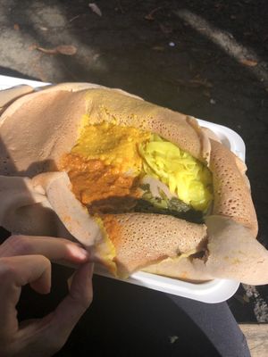 Veg combo for one with shuro, ater kik, gomen, and tikel gomen. This is the injera with gluten but they also have GF injera.  at Lalibela in New Haven