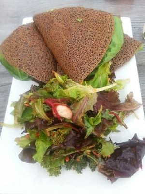 Buckwheat crepes with salad at Trilogy Sanctuary in La Jolla