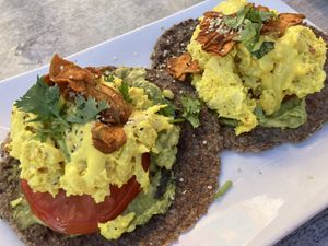 Eggz Benedict on buckwheat pita  at Trilogy Sanctuary in La Jolla