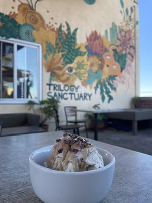 Coconut ice cream with warm date caramel saucee  at Trilogy Sanctuary in La Jolla