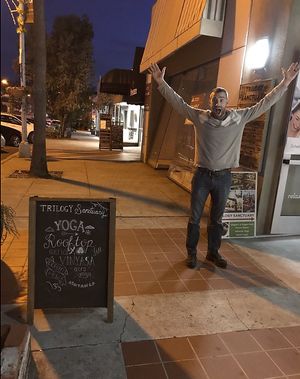 My adorable husband stoked for vegan dinner at Trilogy Sanctuary in La Jolla