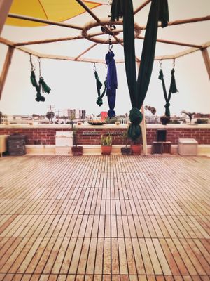 Aerial yoga setup on the roof at Trilogy Sanctuary in La Jolla