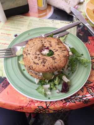 Dutch weed bagel (similar to veggie burger)  at Bagels & Beans - Plaats in The Hague