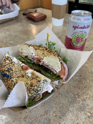 Everything bagel sandwich with vegetable tofu cream cheese! Raspberry lime sparkling water!  at Mister Bagel in Brunswick