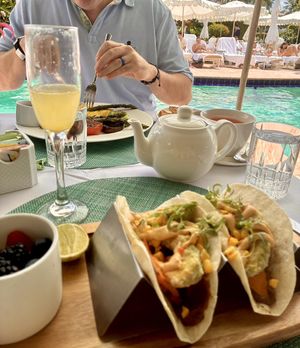 Fried Avocado Tacos with fresh fruit side  at Swifty's at the Colony Palm Beach in Palm Beach
