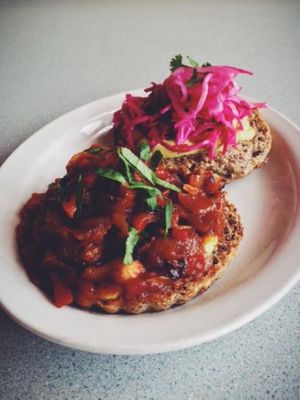 Vegan Pulled Jack Fruit Burger at Heartwood Community Cafe in Vancouver